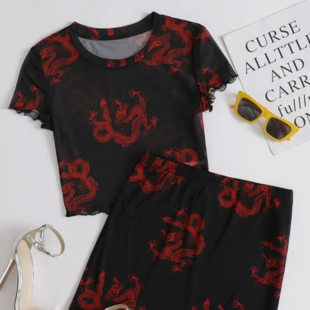 Dragon Print Lettuce Trim Sheer Mesh Top Without Bra &
Skirt Set